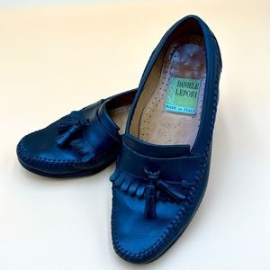 Italian men’s black leather slip on loafers with tassels size 9 Medium